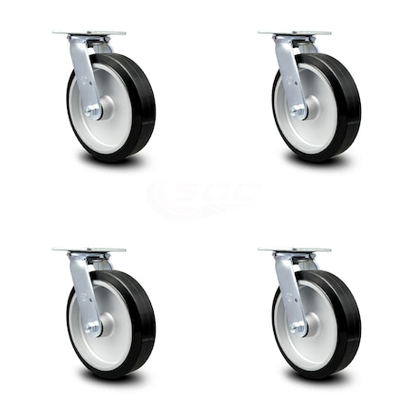 8 Inch Rubber On Aluminum Wheel Swivel Caster Set With Roller Bearings SCC